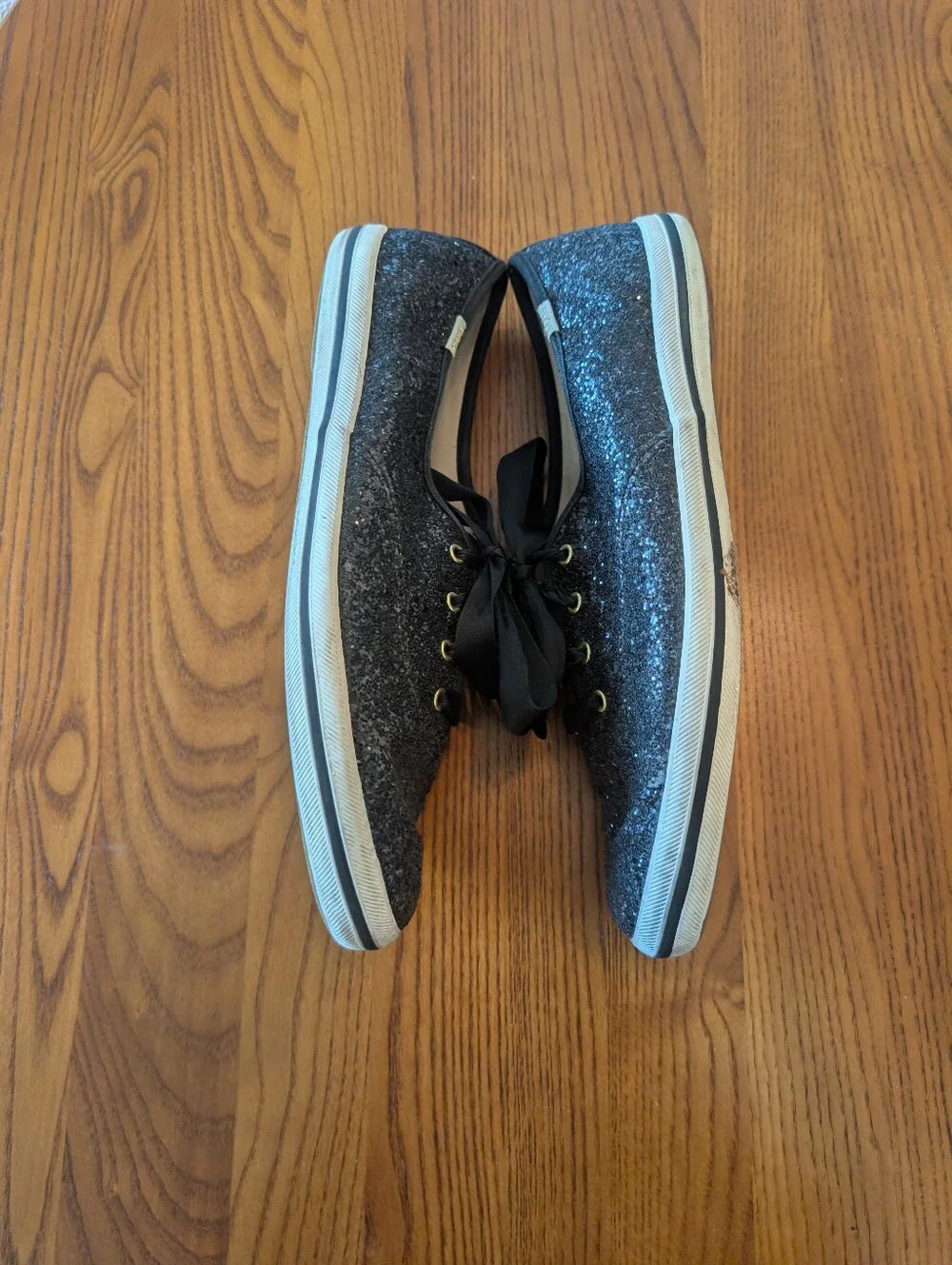 Kate Spade Black Glitter Ribbon-Lace Sneakers, Size 10